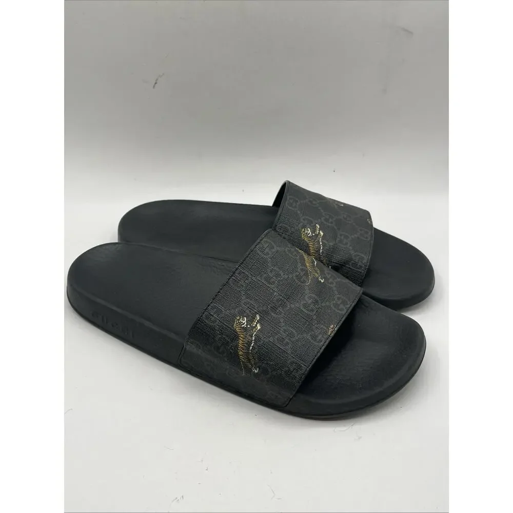 Gucci GG Supreme Slides Tiger Black Gold 407345 Men’s Sz US 10 USED AS IS